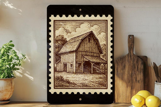 a wooden barn with a porch, surrounded by various kitchen utensils and a potted plant.