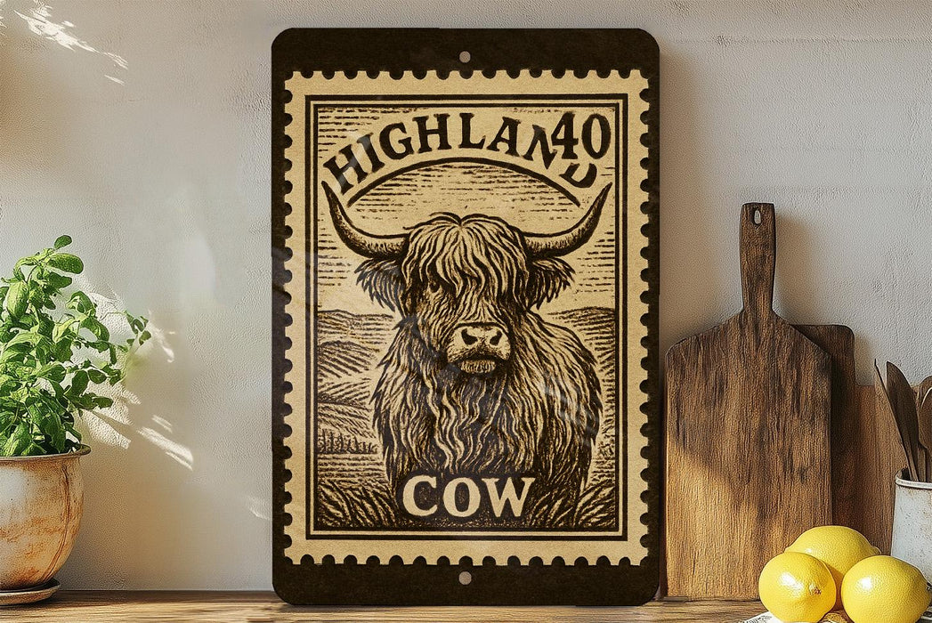 Highland Cow Metal Sign – Rustic Farmhouse Wall Art, Vintage Stamp Style Print, Country Decor for Kitchen or Barn