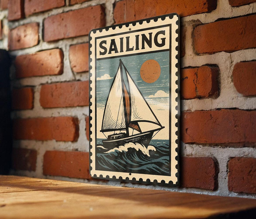 A vintage-style metal sign with a sailboat illustration is mounted on a brick wall.