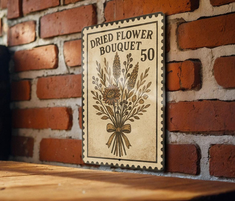 A vintage-style sign for a dried flower bouquet, mounted on a brick wall.