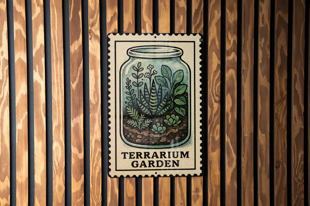 A metal sign with a picture of a terrarium plant on it, mounted on a wooden wall.