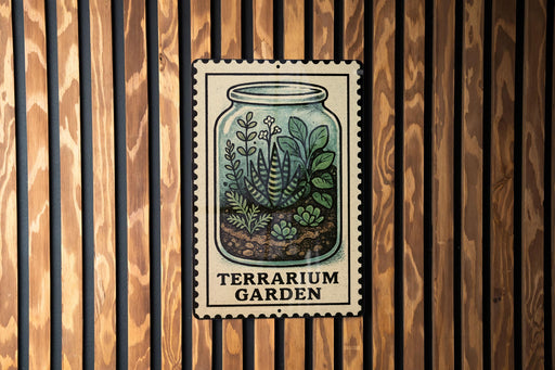 A metal sign with a picture of a terrarium plant on it, mounted on a wooden wall.