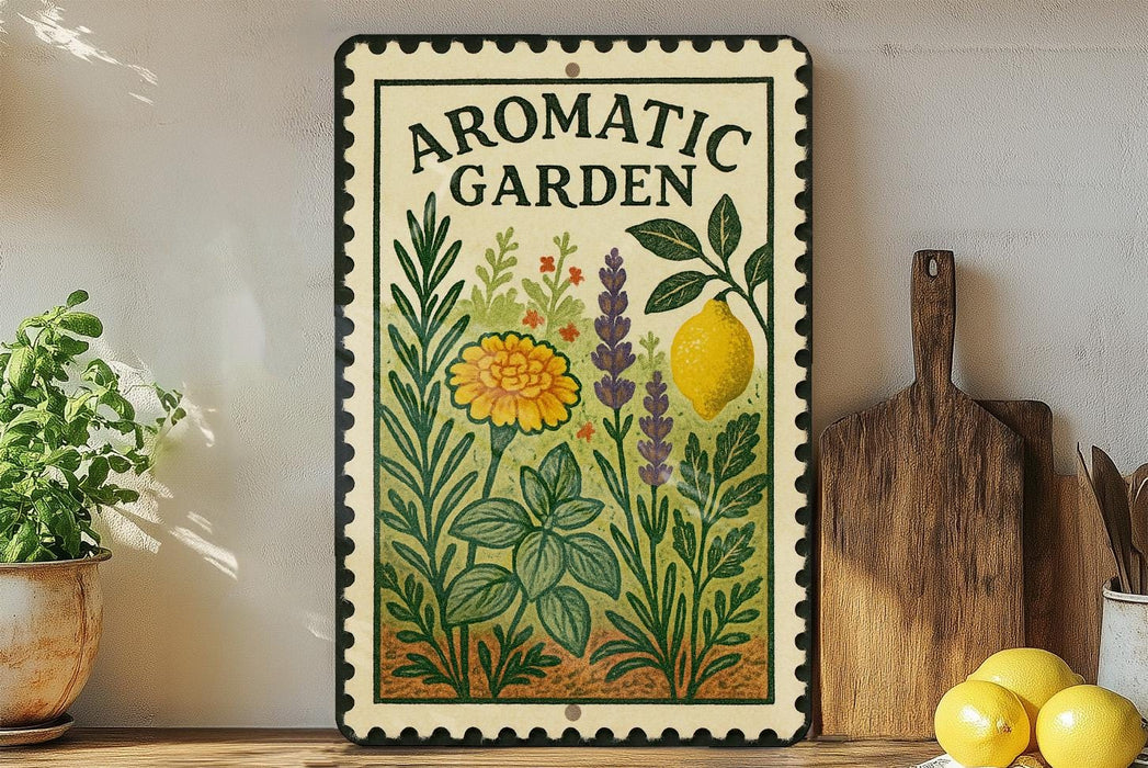 a decorative metal sign with a garden theme, placed on a wooden shelf next to a potted plant and a cutting board.