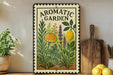 a decorative metal sign with a garden theme, placed on a wooden shelf next to a potted plant and a cutting board.
