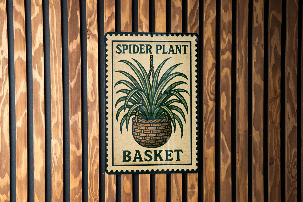 A sign with a spider plant and a basket, mounted on a wooden wall.