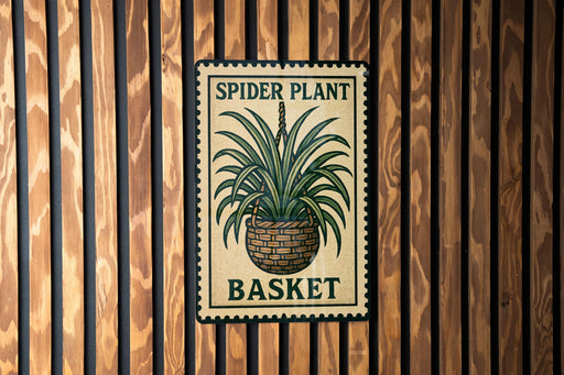 A sign with a spider plant and a basket, mounted on a wooden wall.