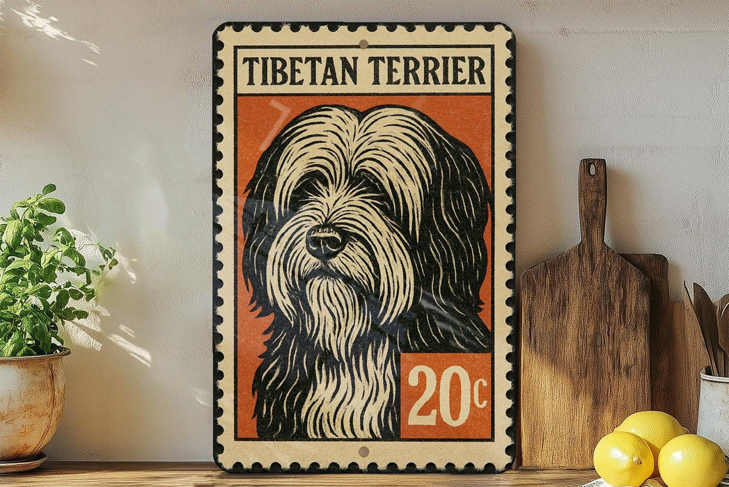 A vintage-style postage stamp featuring a Tibetan Terrier dog, with the price of 20 cents.