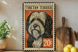A vintage-style postage stamp featuring a Tibetan Terrier dog, with the price of 20 cents.