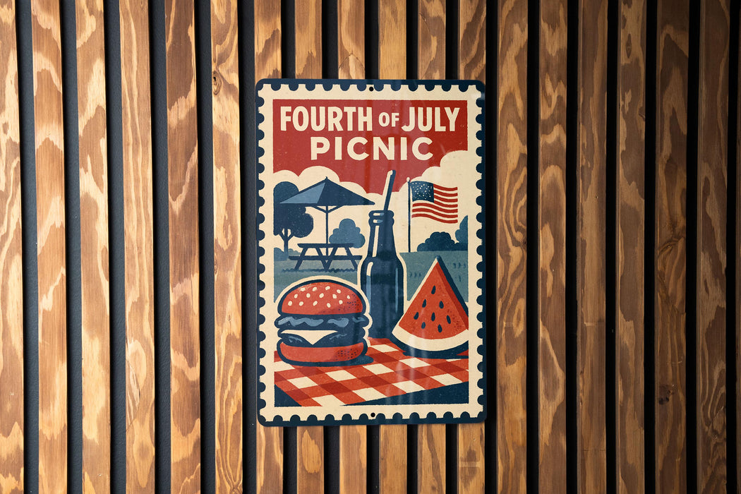 A vintage-style poster for the 4th of July picnic, featuring a hamburger, watermelon, and an American flag, is displayed on a wooden wall.