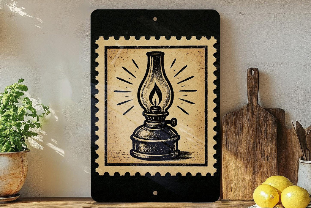 a black and white illustration of an oil lamp on a wooden surface, with a potted plant and a wooden cutting board visible in the background.