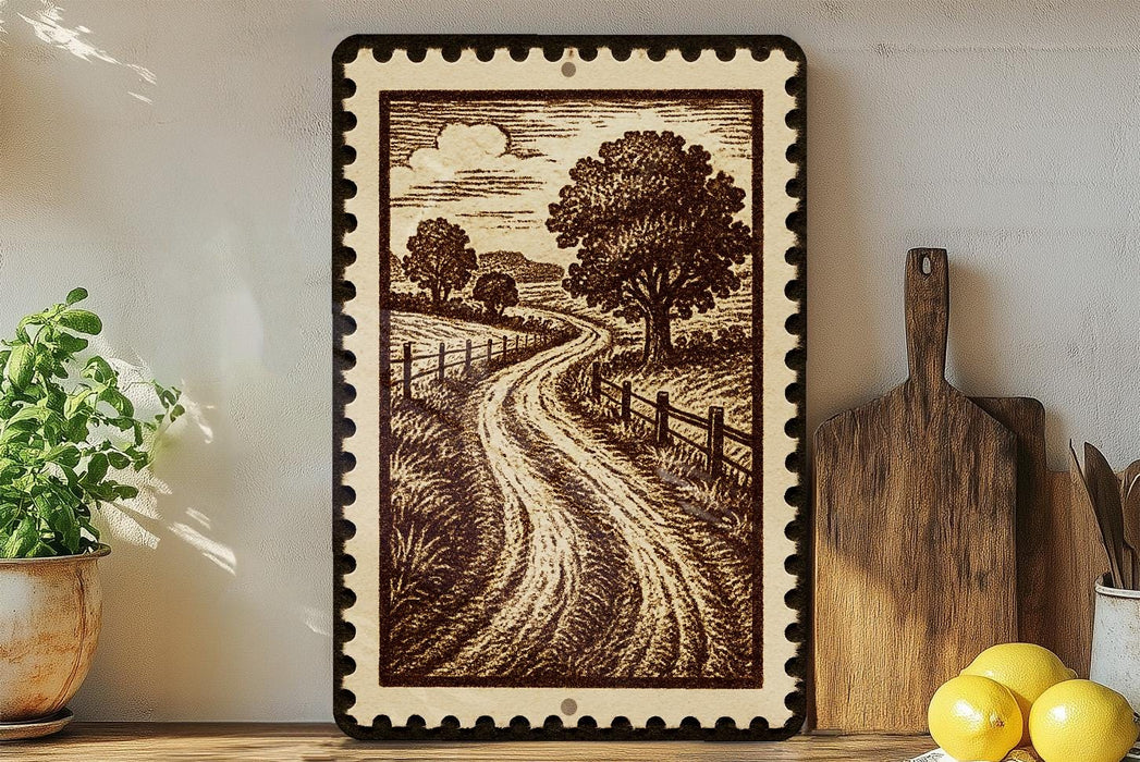 a framed illustration of a rural landscape with a winding road, trees, and a cloudy sky.