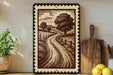 a framed illustration of a rural landscape with a winding road, trees, and a cloudy sky.