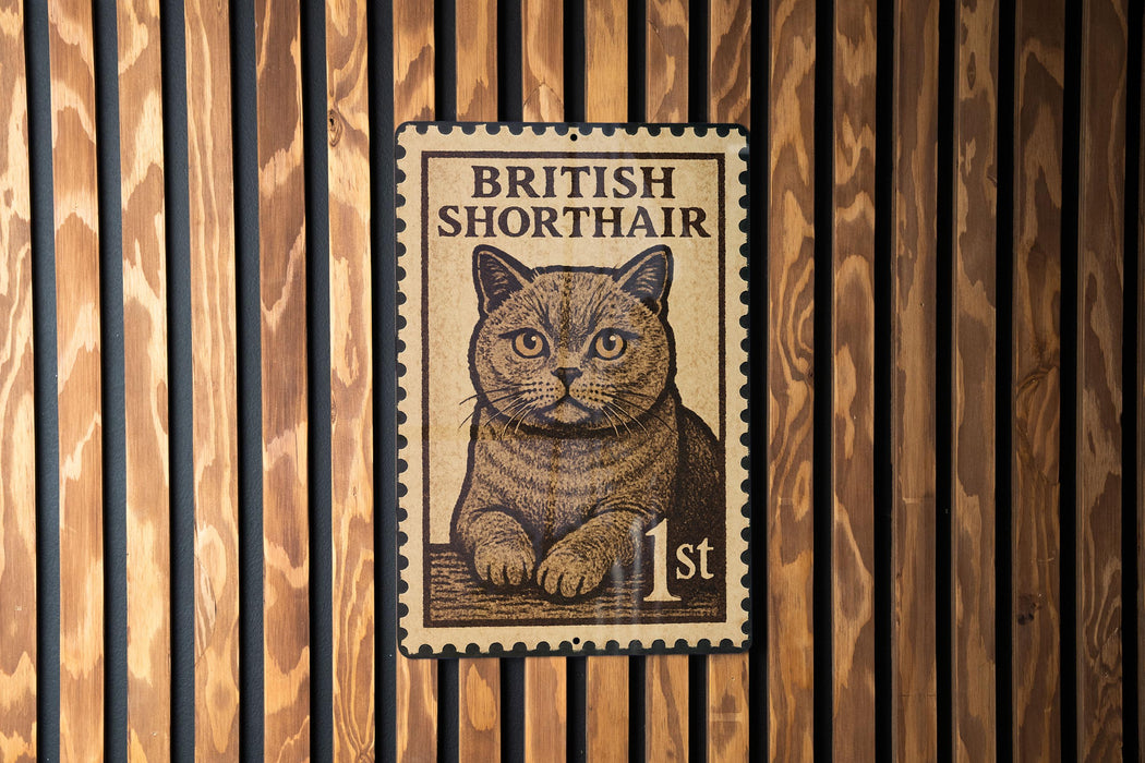 A British Shorthair cat is depicted on a British one-cent stamp, which is affixed to a wooden wall.