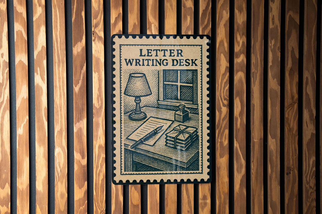 a letter writing desk with a lamp, books, and a typewriter, all depicted in a vintage-style illustration on a wooden wall.