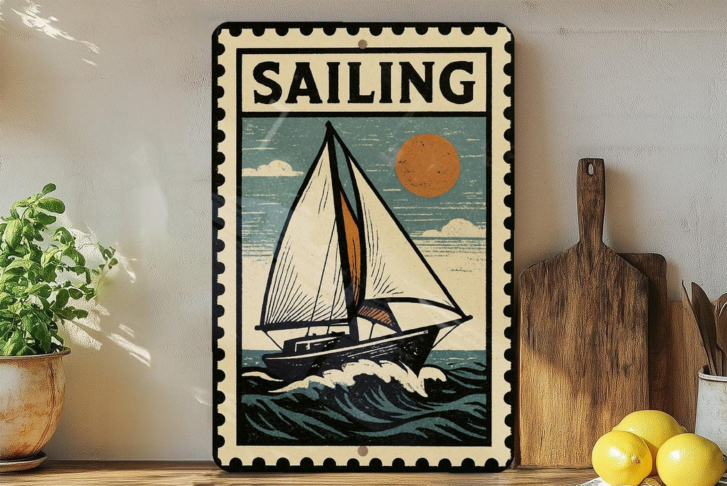 a vintage-style metal sign with a sailboat illustration, placed on a wooden surface next to a wooden cutting board and some lemons.