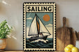 a vintage-style metal sign with a sailboat illustration, placed on a wooden surface next to a wooden cutting board and some lemons.