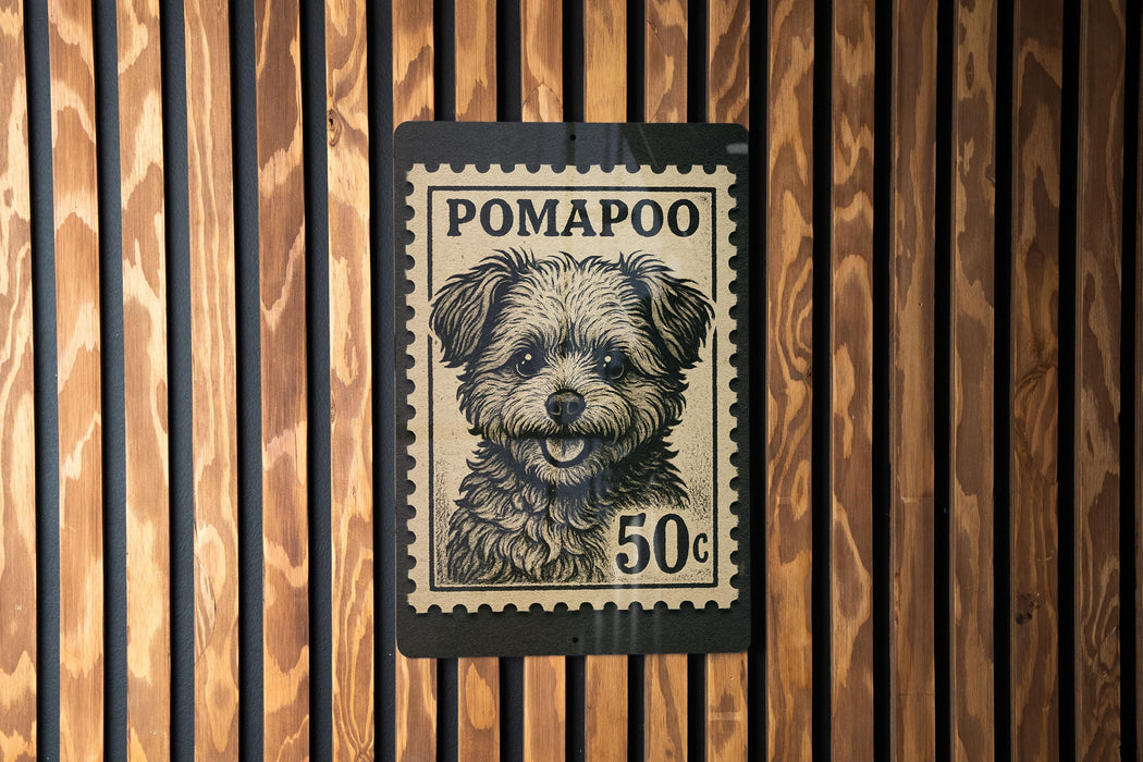 A black and white dog stamp with the text "POMAPOO" and "50c" printed on it, mounted on a wooden wall.