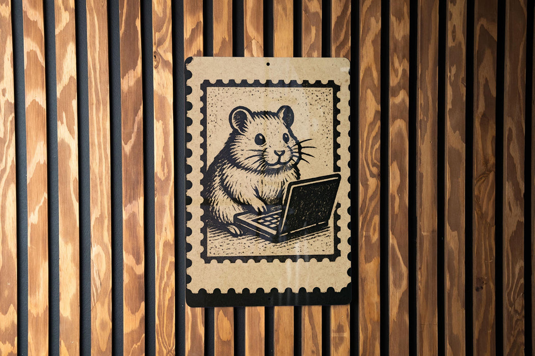 A wooden wall with a black and white illustration of a hamster sitting on a laptop computer.