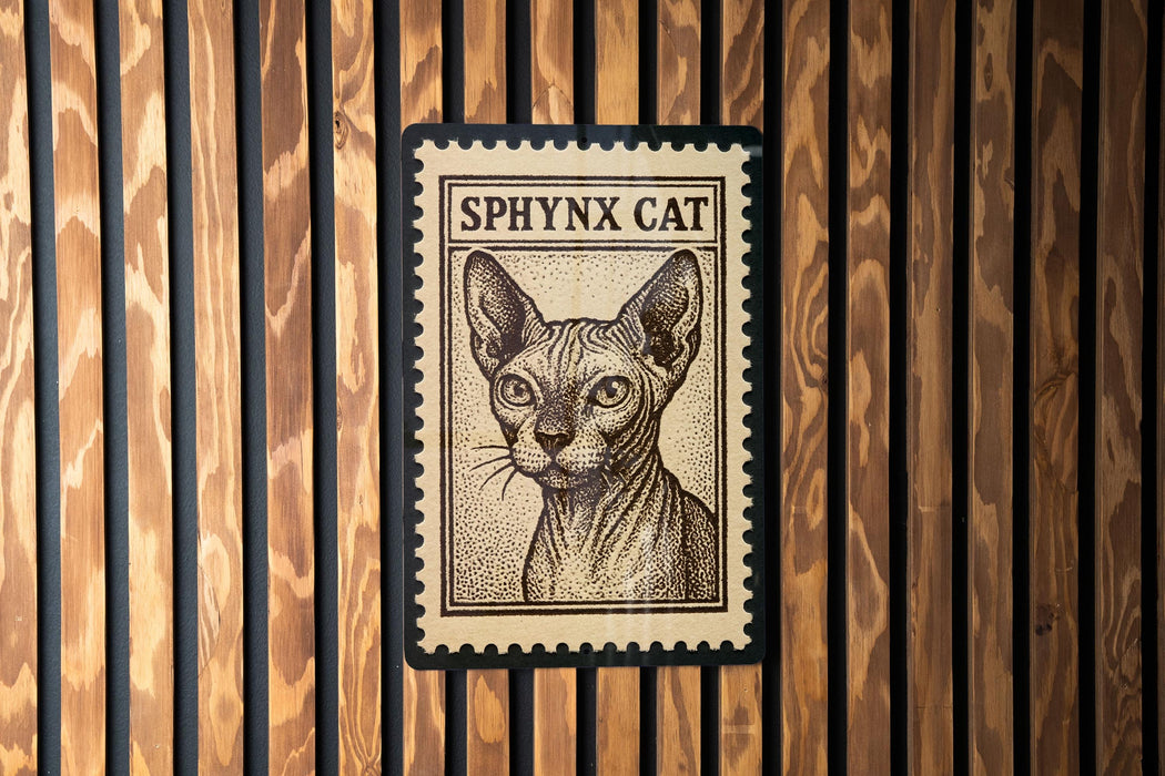 A postage stamp featuring a portrait of a Sphynx cat.