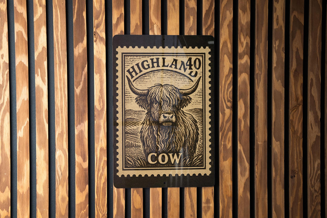 a wooden wall with a black and white cow stamp or label prominently displayed in the center.