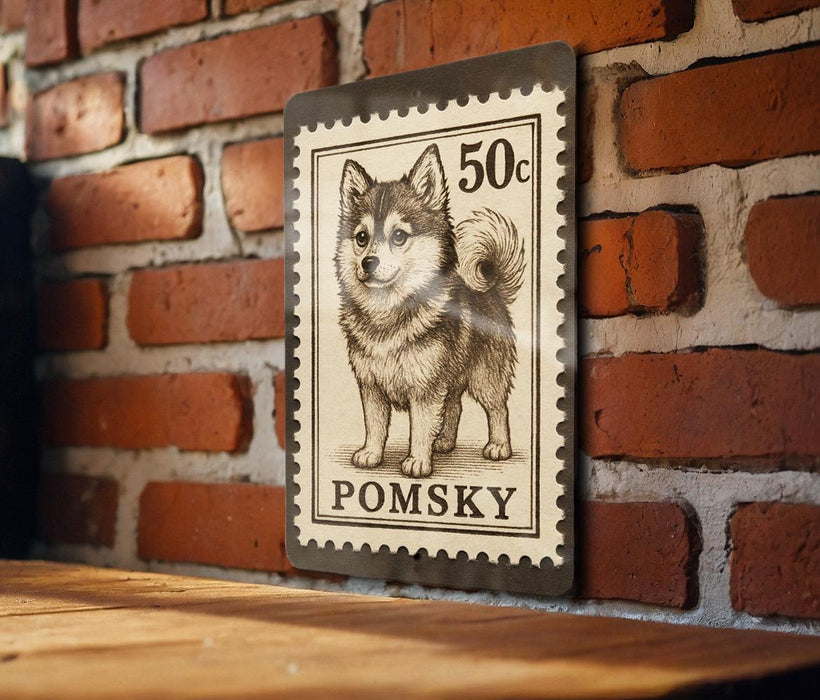A 50 cent stamp featuring a pomeranian dog on a brick wall.