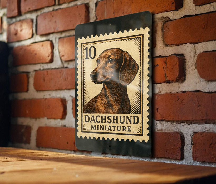 A metal sign with a dachshund illustration and the text "DACHSHUND MINIATURE" is mounted on a brick wall.