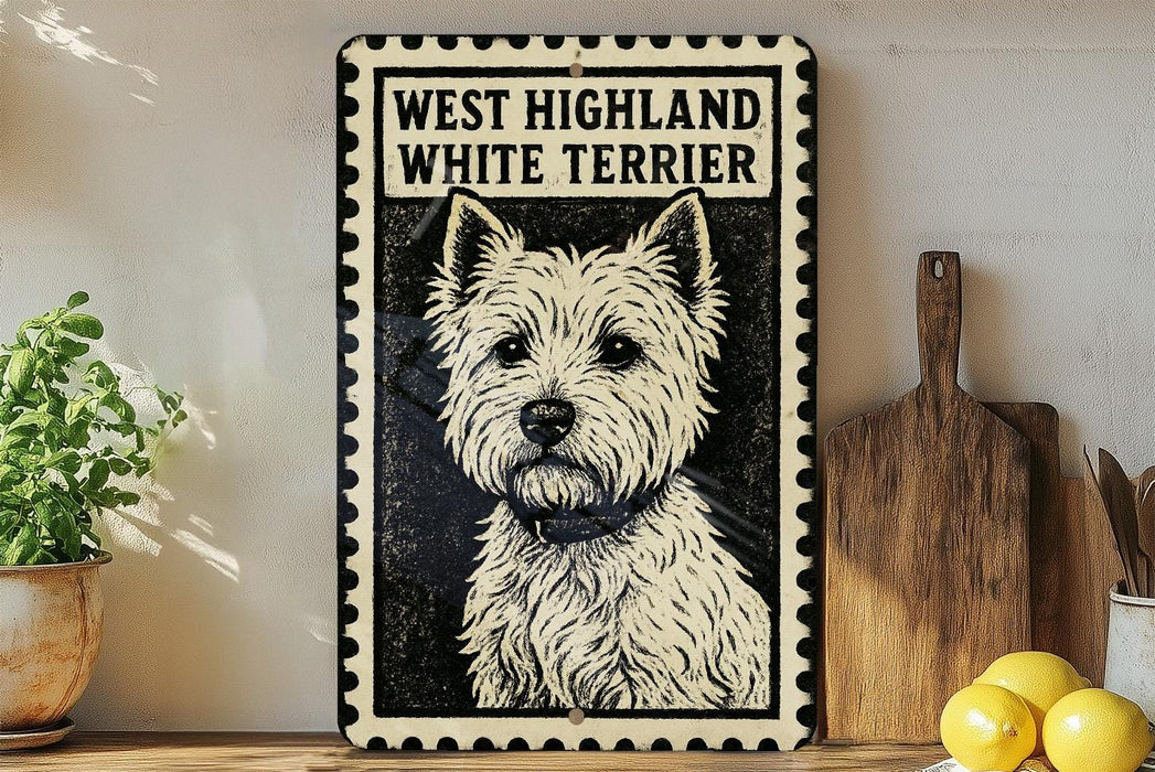 A framed poster of a white terrier dog, with the text "WEST HIGHLAND WHITE TERRIER" printed on it.