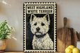 A framed poster of a white terrier dog, with the text "WEST HIGHLAND WHITE TERRIER" printed on it.