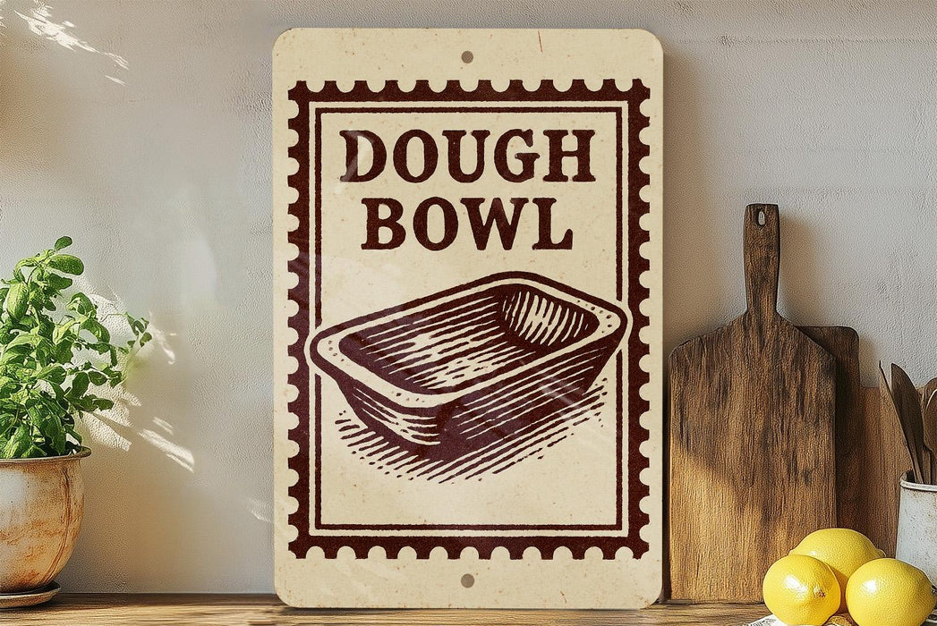 a sign that reads "DOUGH BOWL" with a picture of a dough bowl on it, placed on a shelf next to a wooden cutting board and some lemons.