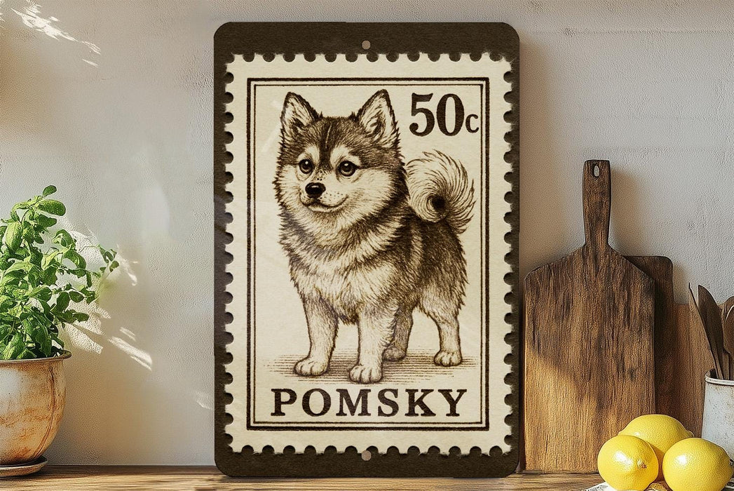 A framed image of a pomeranian dog, which appears to be a postage stamp, is displayed on a shelf next to a wooden cutting board and some lemons.