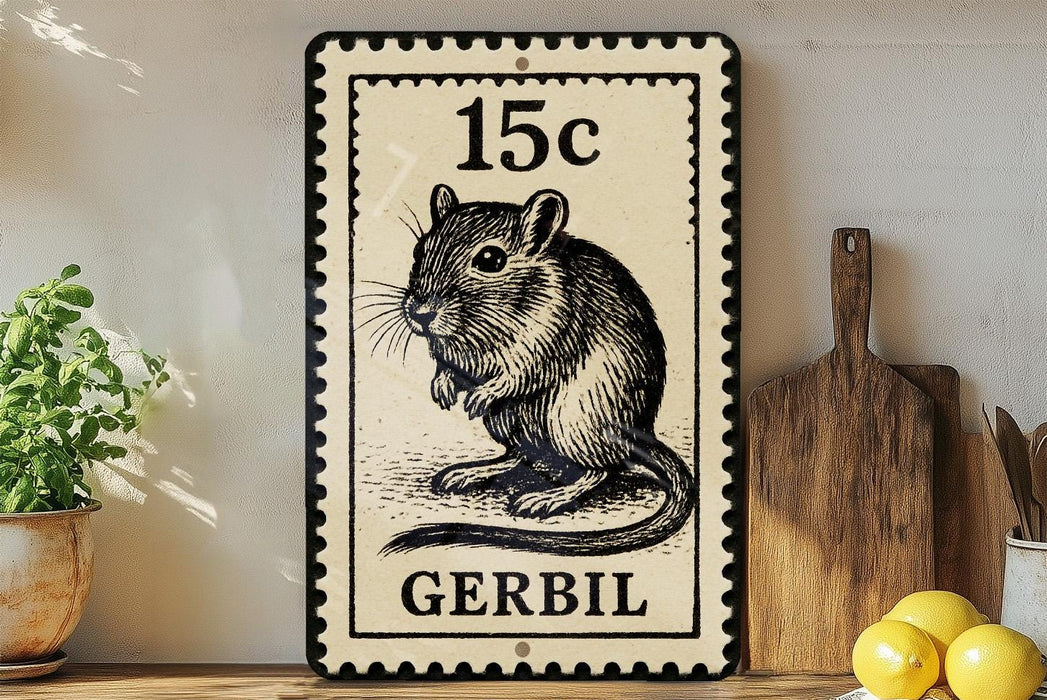 A black and white postage stamp featuring a mouse, with the text "15c" and "GERBIL" printed on it, placed on a wooden surface next to a wooden cutting board and some lemons.