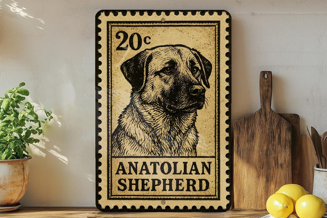 A metal sign featuring a black and white illustration of an Anatolian Shepherd dog, with the text "ANATOLIAN SHEPHERD" printed on it. The sign is placed on a shelf next to a wooden cutting board and a potted plant.
