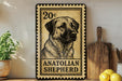 A metal sign featuring a black and white illustration of an Anatolian Shepherd dog, with the text "ANATOLIAN SHEPHERD" printed on it. The sign is placed on a shelf next to a wooden cutting board and a potted plant.