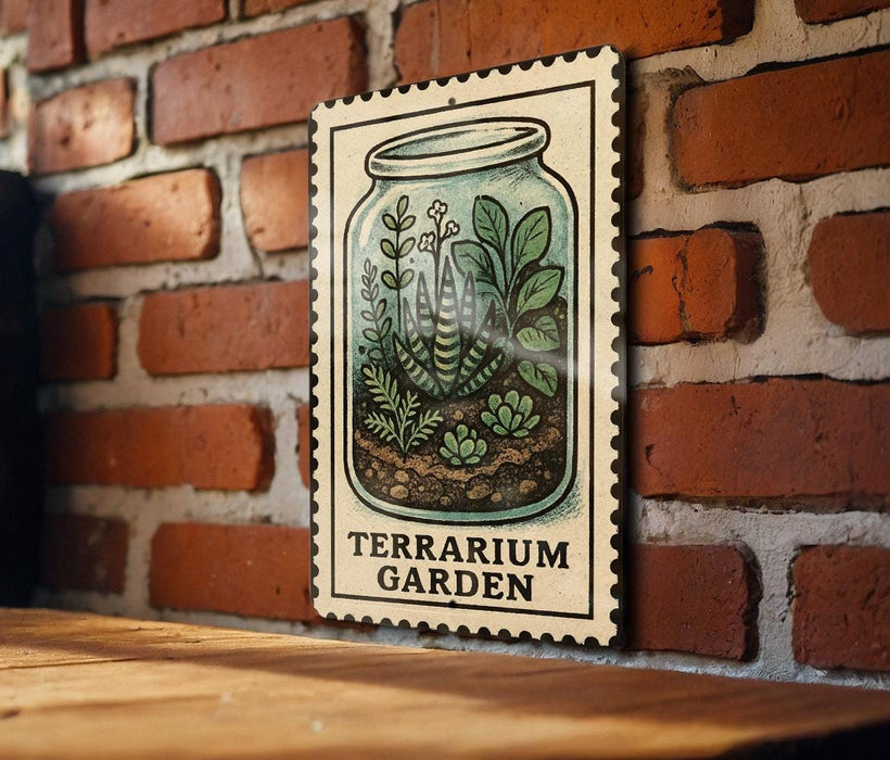 A framed illustration of a terrarium garden is displayed on a brick wall, with the text "TERRARIUM GARDEN" below the illustration.