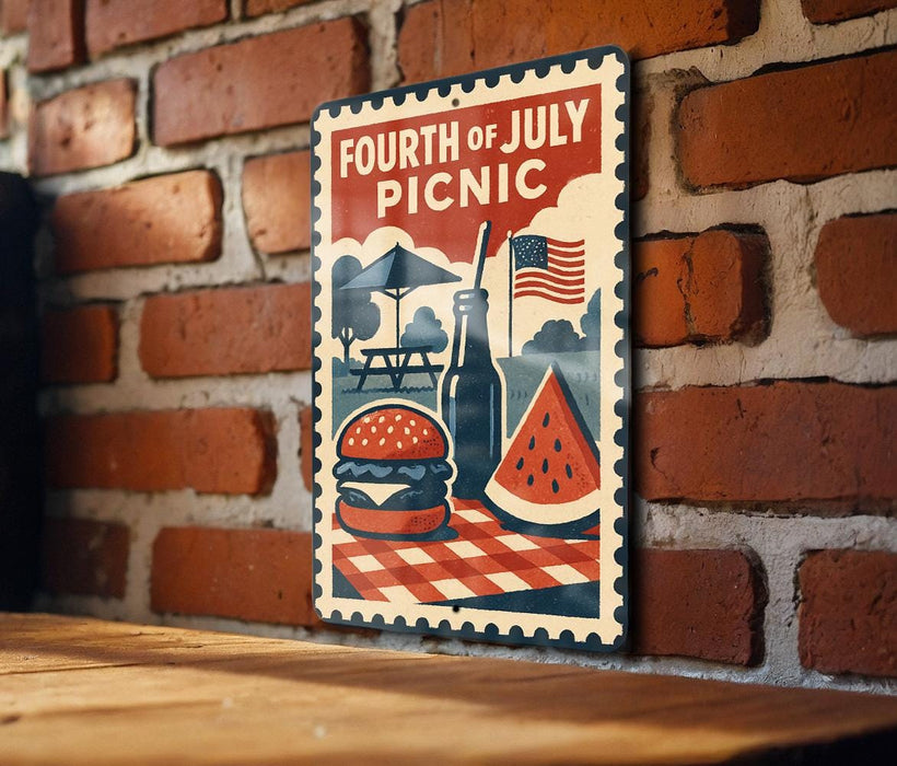 A vintage-style poster for the Fourth of July picnic, featuring a hamburger, watermelon, and an American flag, is displayed on a brick wall.