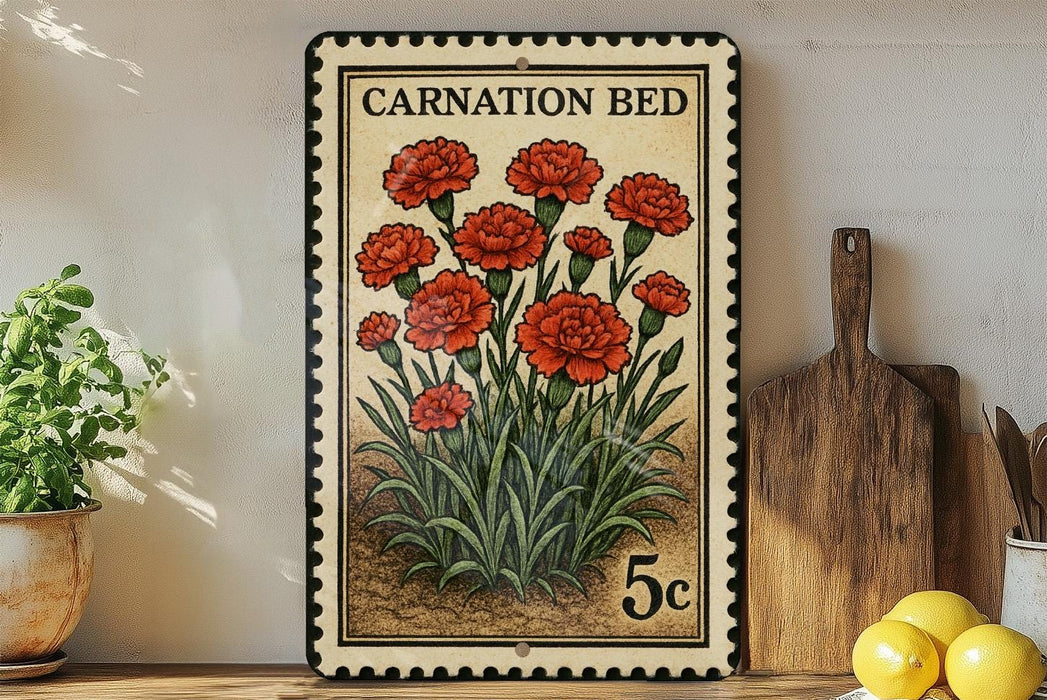 A vintage-style stamp featuring a vibrant illustration of red carnation flowers, with the text "CARNATION BED" and a denomination of 5 cents. The stamp is displayed on a shelf next to a wooden cutting board and a potted plant.