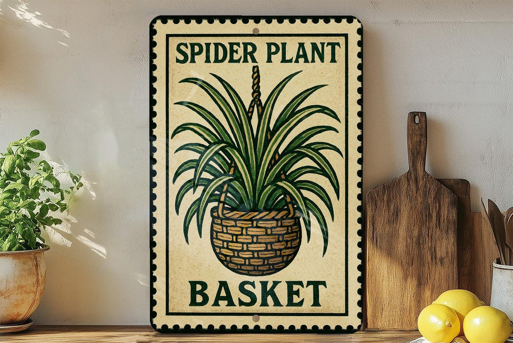 A decorative metal sign with a spider plant and a basket, placed on a wooden surface next to a wooden cutting board and some lemons.