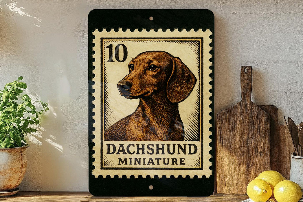 a framed stamp-like artwork depicting a dachshund miniature dog, placed on a wooden surface next to a wooden cutting board and some lemons.