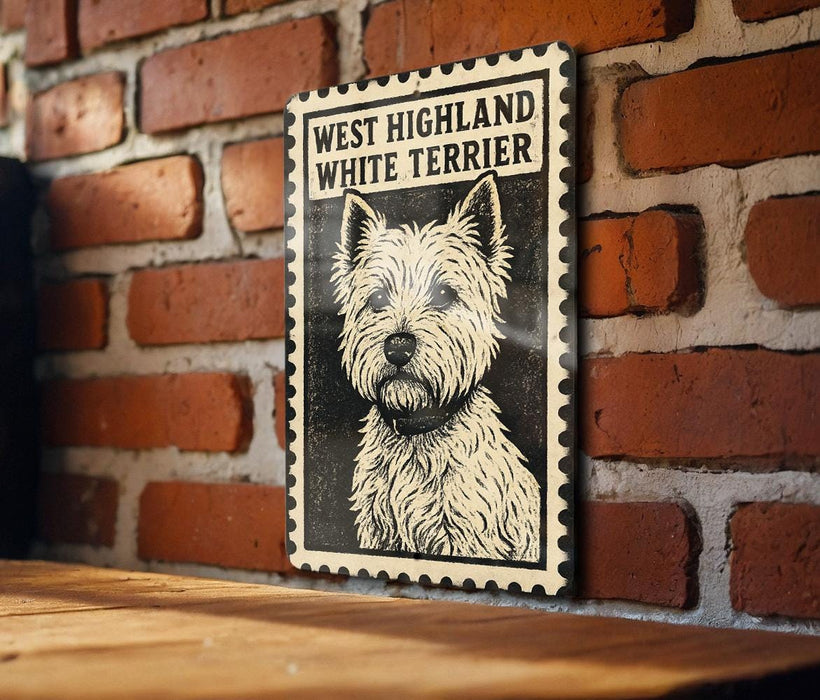 A framed illustration of a white terrier dog is displayed on a brick wall.