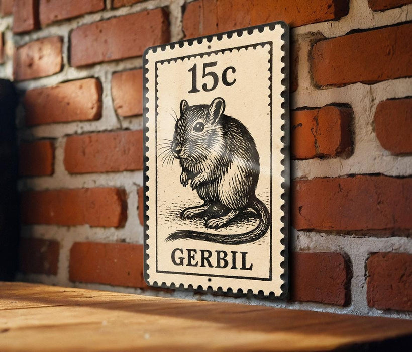 A black and white postage stamp featuring a mouse on a brick wall.