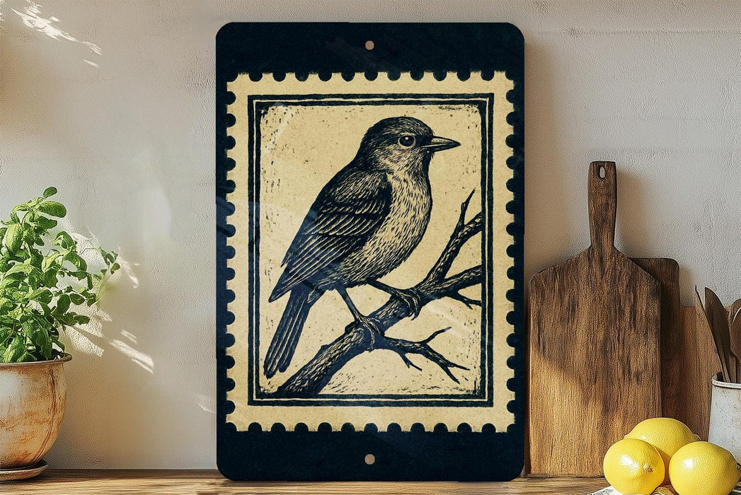 a framed illustration of a bird perched on a branch, placed on a shelf next to a wooden cutting board and some lemons.
