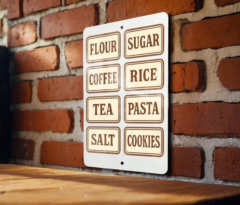 A white sign with brown text is hanging on a brick wall, displaying the names of various food items such as flour, sugar, coffee, rice, tea, pasta, salt, and cookies.
