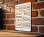 A white sign with brown text is hanging on a brick wall, displaying the names of various food items such as flour, sugar, coffee, rice, tea, pasta, salt, and cookies.