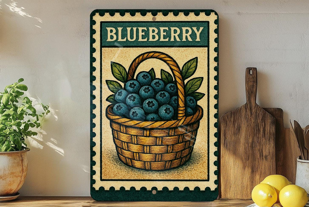 A vintage-style metal sign with a basket of blueberries, placed on a wooden shelf next to a wooden cutting board and a potted plant.