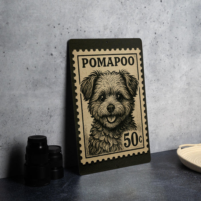 A black and white stamp-like object with a dog illustration on it, placed on a dark surface next to some black camera lenses.