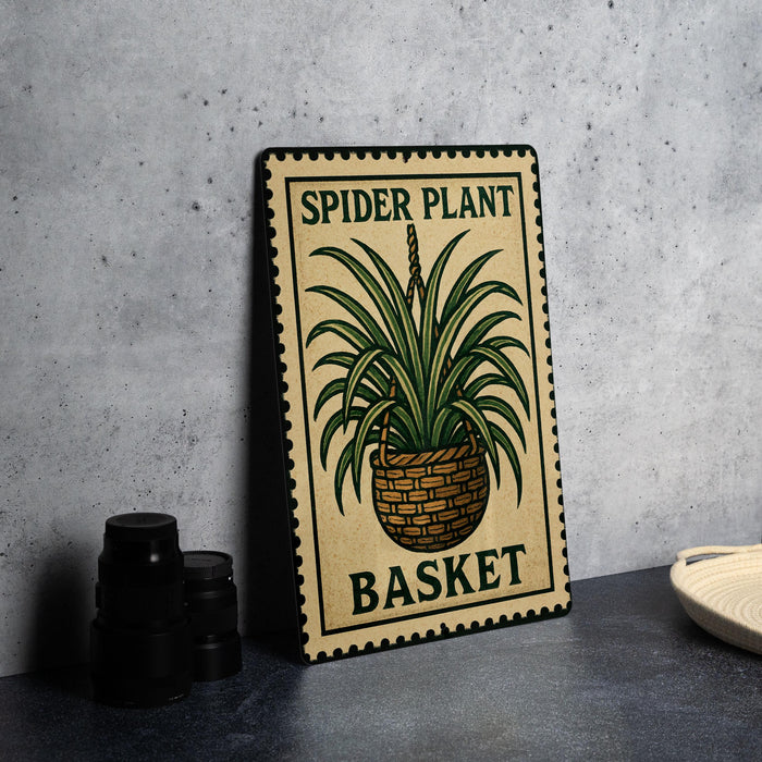 A framed poster with a spider plant and a basket, placed on a countertop next to some black camera lenses.