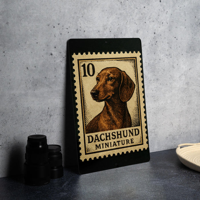 A framed stamp featuring a dachshund dog, with the text "DACHSHUND MINIATURE" printed on it.