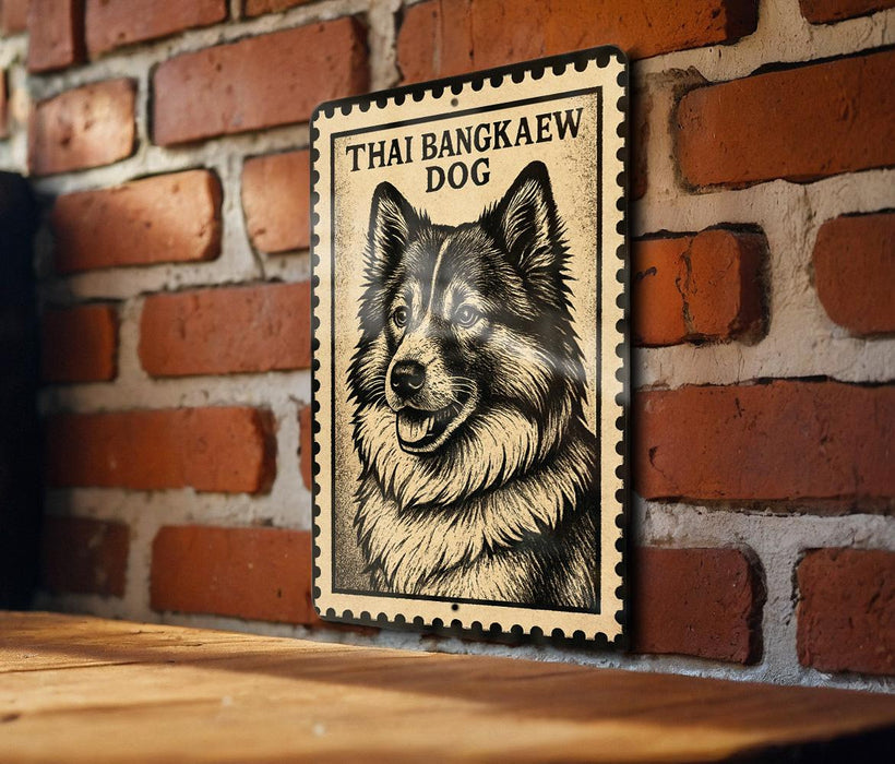a wooden table with a framed poster of a dog, specifically a Thai bangka dog, hanging on the wall.