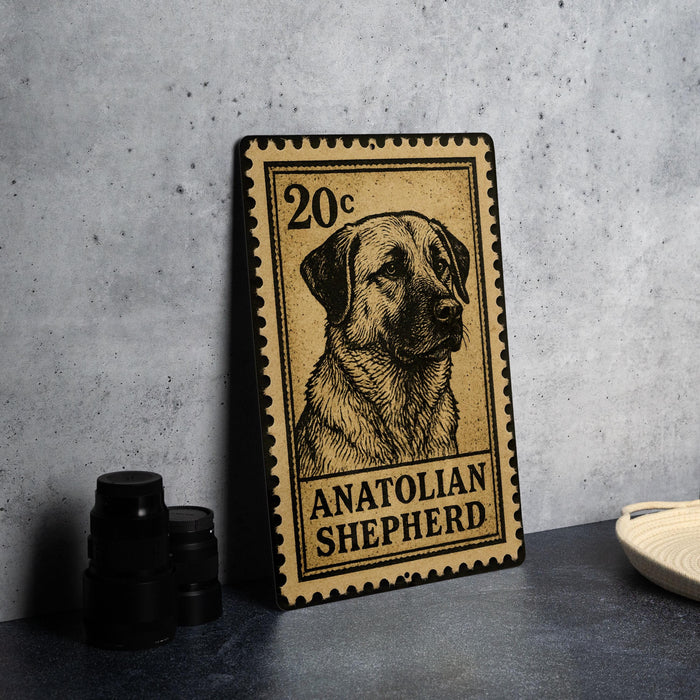 A metal sign featuring a black and white illustration of a Anatolian Shepherd dog, with the text "20c" and "ANATOLIAN SHEPHERD" printed on it.