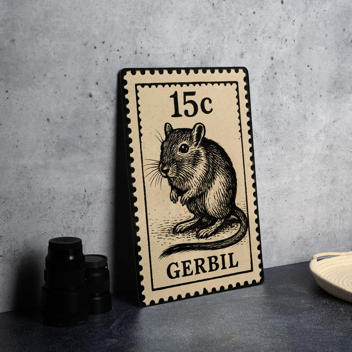 A postage stamp featuring a detailed illustration of a rodent, likely a rat, is displayed on a table.